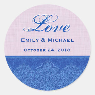 Sticker Rond Mariage rose et bleu royal Damask V23