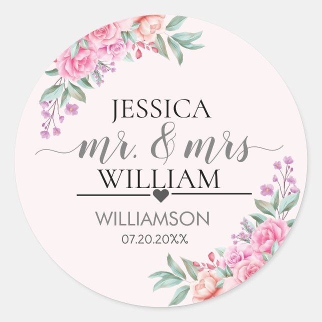 Sticker Rond Mariage rose floral (Devant)