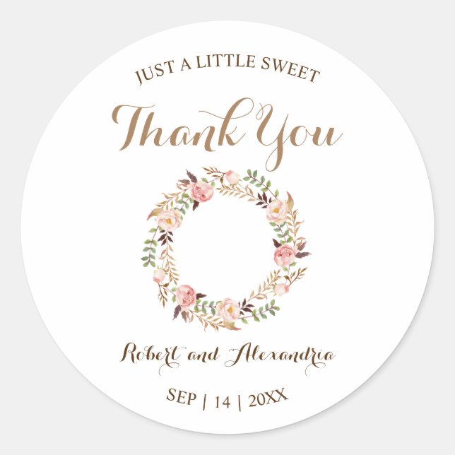 Sticker Rond Mariage rose floral doux traité Merci (Devant)