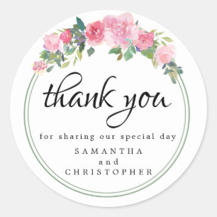 Sticker Rond Mariage rose floral moderne Favoriser le Merci