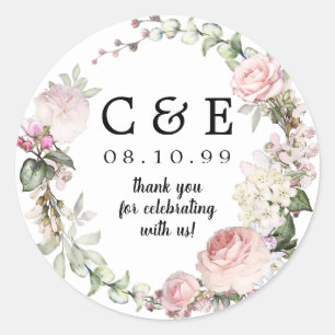 Sticker Rond Mariage rose Floral Monogramme Merci