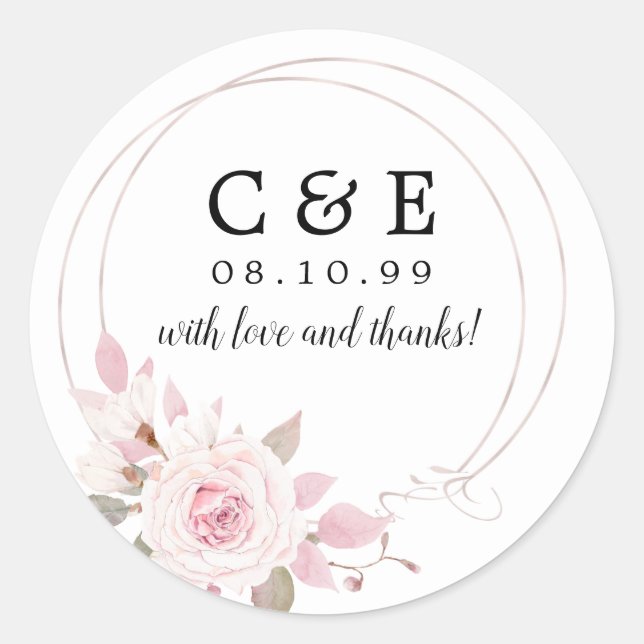 Sticker Rond Mariage rose Floral Monogramme Merci  (Devant)