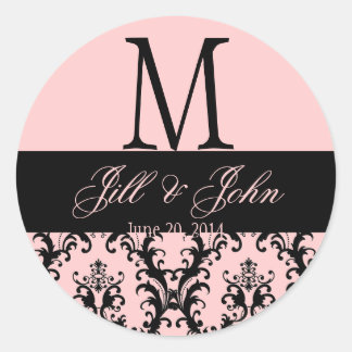 Sticker Rond Mariage rose noir Monogramme Enregistrer Date Dama