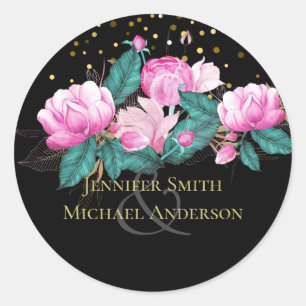 Sticker Rond Mariage Rose Noir Or Féminin Élégant