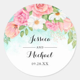 Sticker Rond Mariage Rose rose Turquoise Riche Floral