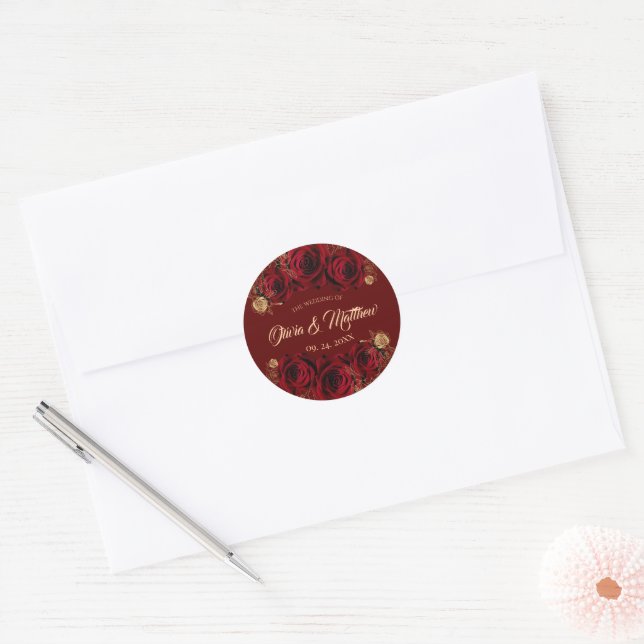 Sticker Rond Mariage Rose rouge et Fleurs d'or (Enveloppe)