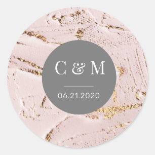 Sticker Rond mariage rose texturé or monogramme