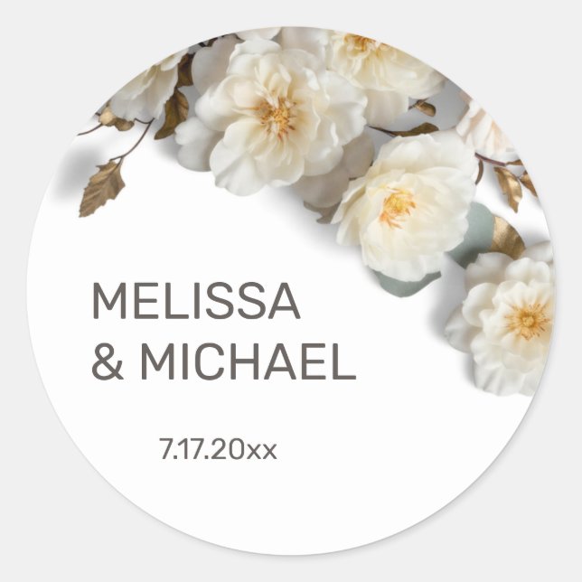 Sticker Rond Mariage Roses 3D Blanc Ivoire (Devant)