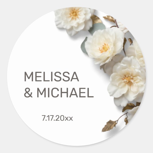 Sticker Rond Mariage Roses 3D Blanc Ivoire (Devant)
