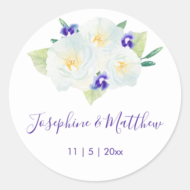 Sticker Rond Mariage Roses blanches et Fleurs violettes (Devant)