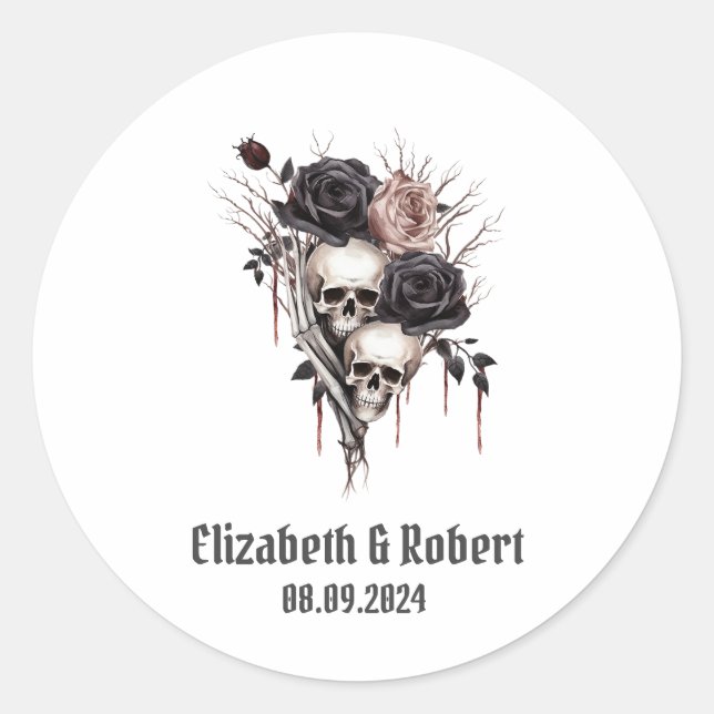 Sticker Rond Mariage Roses Noires Gothiques de Crânes  (Devant)