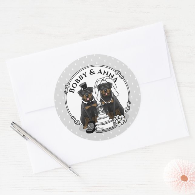 Sticker Rond Mariage Rottweilers Chien Mariée et Marié Mignons (Enveloppe)
