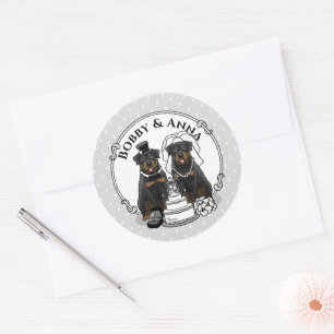 Sticker Rond Mariage Rottweilers Mariée et Chien Marié Mignons