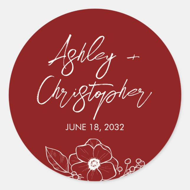 Sticker Rond Mariage rouge rubis floral minimal (Devant)