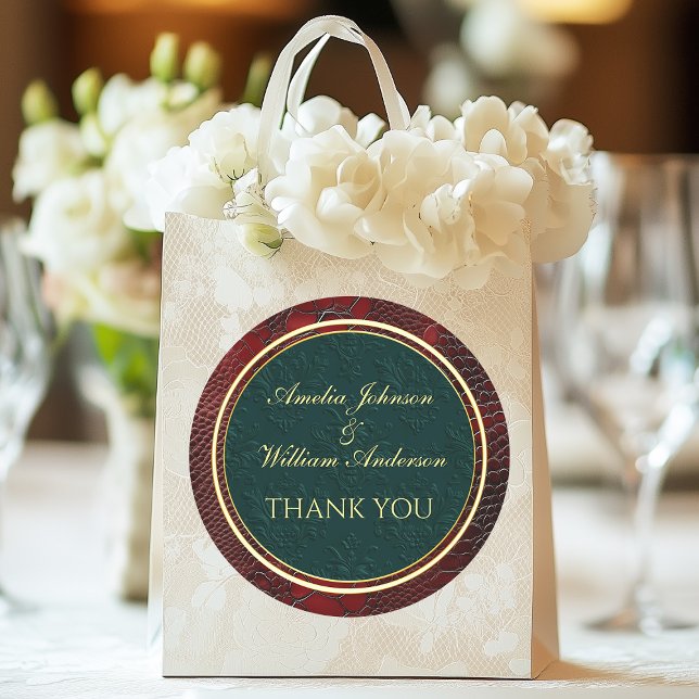 Sticker Rond Mariage rouge victorien en cuir Snakeskin Favore (Snakeskin Leather Victorian Red Wedding Favors Classic Round Sticker)