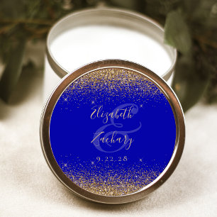 Sticker Rond Mariage Royal Bleu Écriture Paillettes Dorées