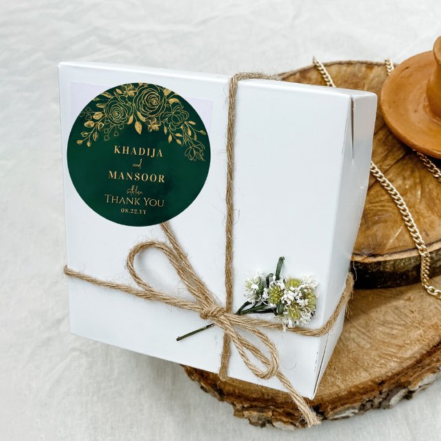 Sticker Rond Mariage Royal Émeraude Vert Or Floral Remerciement (Créateur téléchargé)