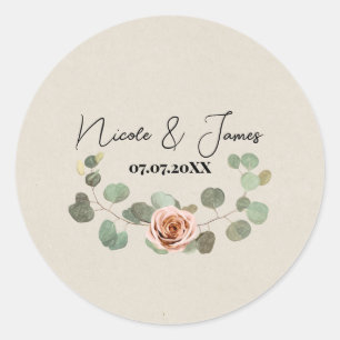 Sticker Rond Mariage rustique au cœur de rose rose et d'eucalyp