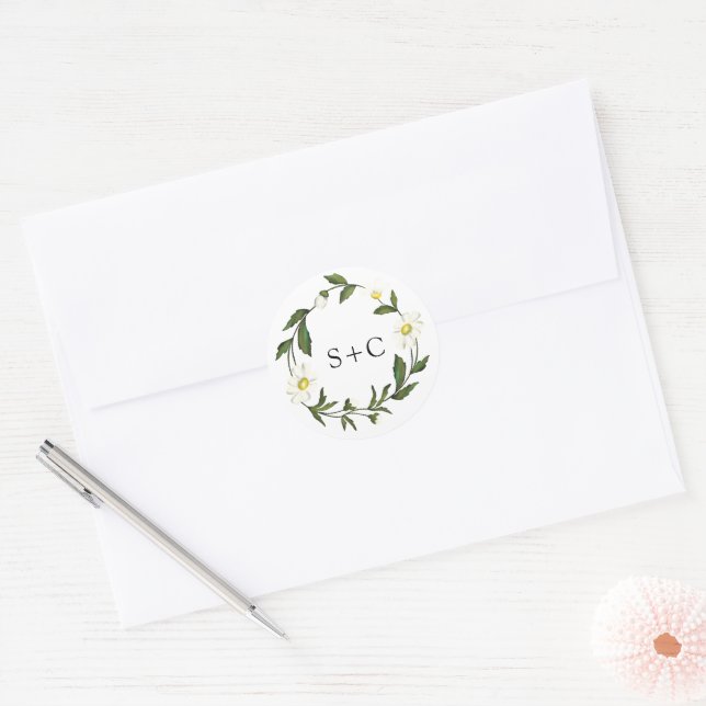 Sticker Rond Mariage rustique aux fleurs de marguerite blanche (Enveloppe)