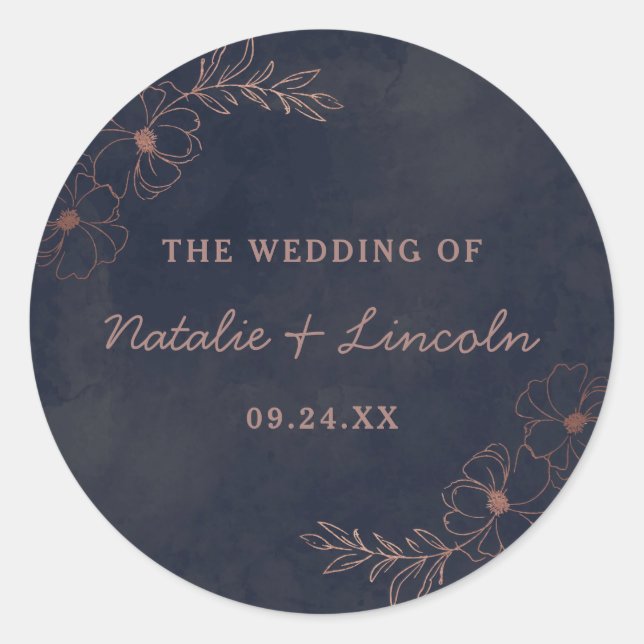 Sticker Rond Mariage rustique avec monogramme bleu marine et or (Devant)