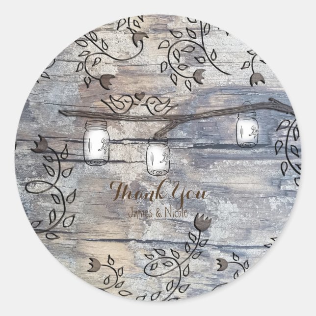 Sticker Rond Mariage Rustique avec Pots Mason et Oiseaux de l'A (Devant)