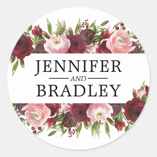 Sticker Rond Mariage Rustique Blush Bourgogne Fleurs (Devant)