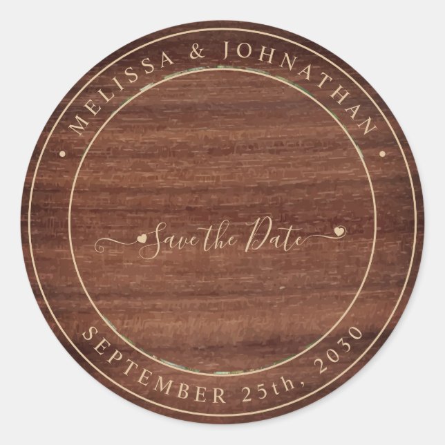 Sticker Rond Mariage Rustique Bois Vert Économisez La Date (Devant)