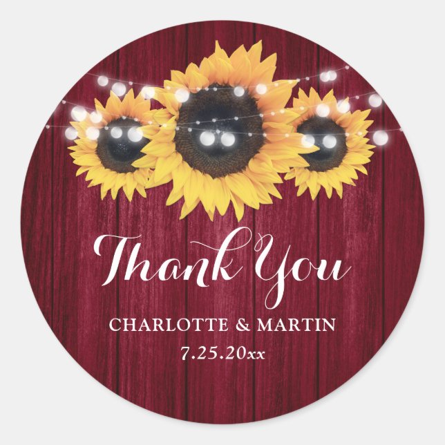 Sticker Rond Mariage Rustique Burgundy Sunflower Bois Favoriser (Devant)