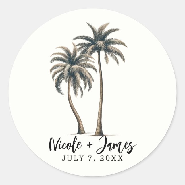 Sticker Rond Mariage rustique côtier aux palmiers tropicaux (Devant)