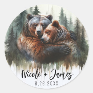 Sticker Rond Mariage Rustique dans la Forêt aux Ours à l'Aquare