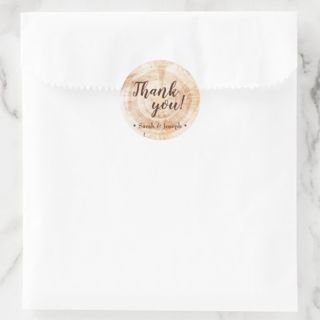 Sticker Rond Mariage rustique de grain de bois Merci (Sac)