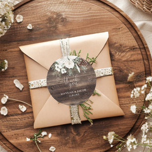 Sticker Rond Mariage Rustique de pin d'hiver Merci Favoriser