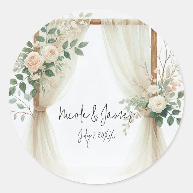 Sticker Rond Mariage Rustique en Bois Floral avec des Roses (Devant)