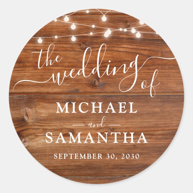 Sticker Rond Mariage rustique en bois simple et élégant (Devant)