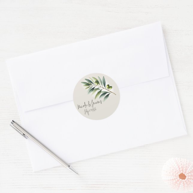 Sticker Rond Mariage rustique feuille d'olive verte os blanc et (Enveloppe)