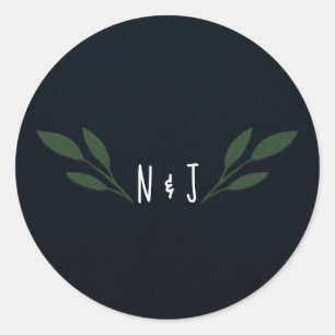 Sticker Rond Mariage Rustique Feuilles Vertes et Bleu Foncé