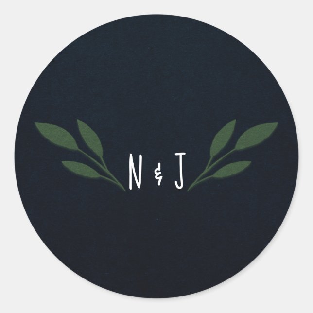 Sticker Rond Mariage Rustique Feuilles Vertes et Bleu Foncé (Devant)