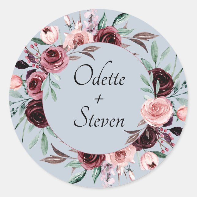 Sticker Rond Mariage Rustique Fleurs Bleu Poussiéreux et Bourgu (Devant)