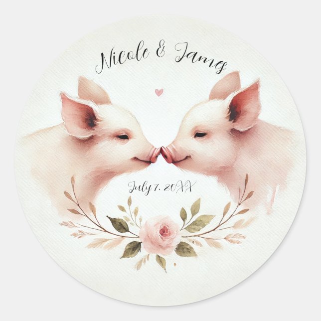 Sticker Rond Mariage rustique floral nez à nez cochons roses (Devant)