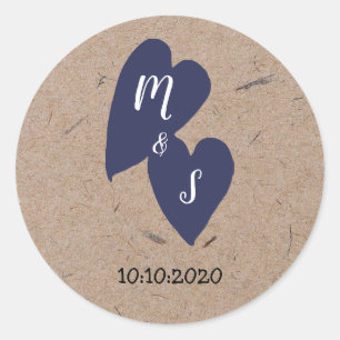 Sticker Rond Mariage rustique   Kraft Papier Monogramme Marine 