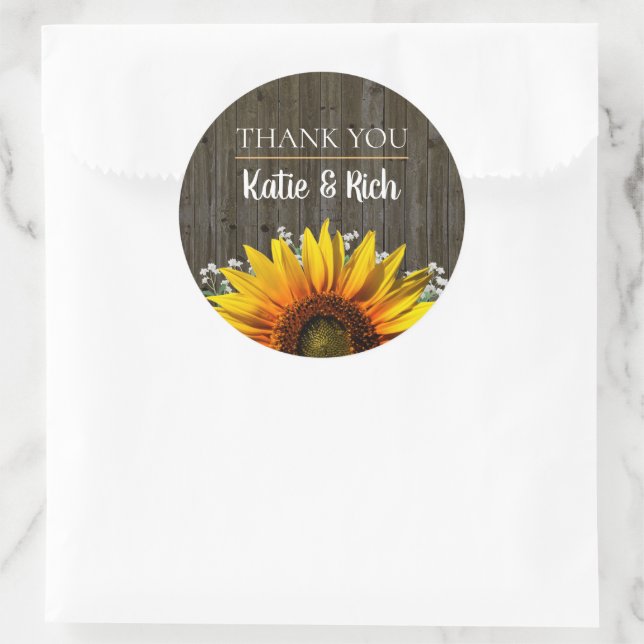 Sticker Rond Mariage rustique Merci tournesol (Sac)