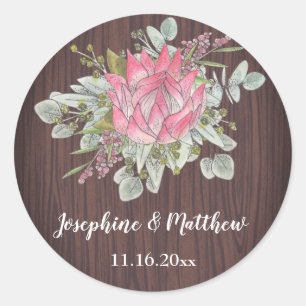 Sticker Rond Mariage rustique Protea Eucalyptus Foliage Bois