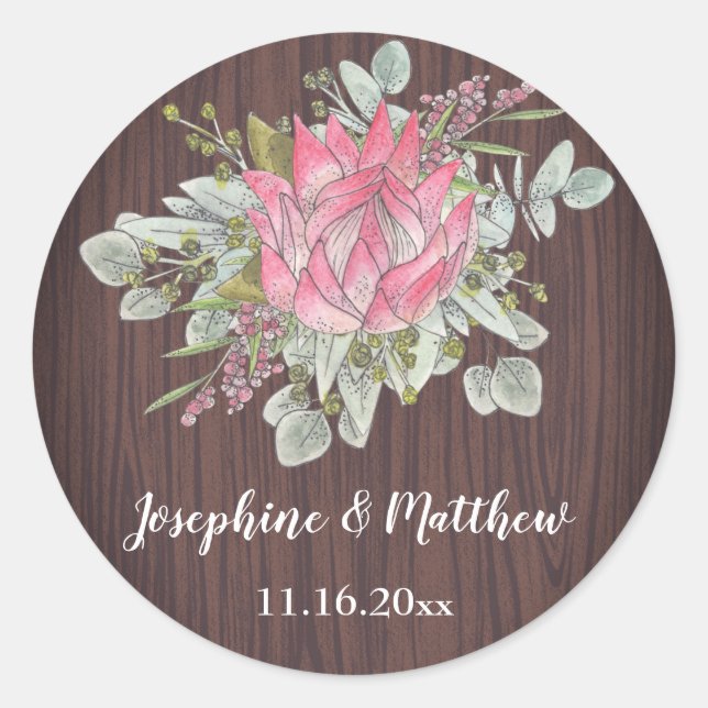 Sticker Rond Mariage rustique Protea Eucalyptus Foliage Bois (Devant)