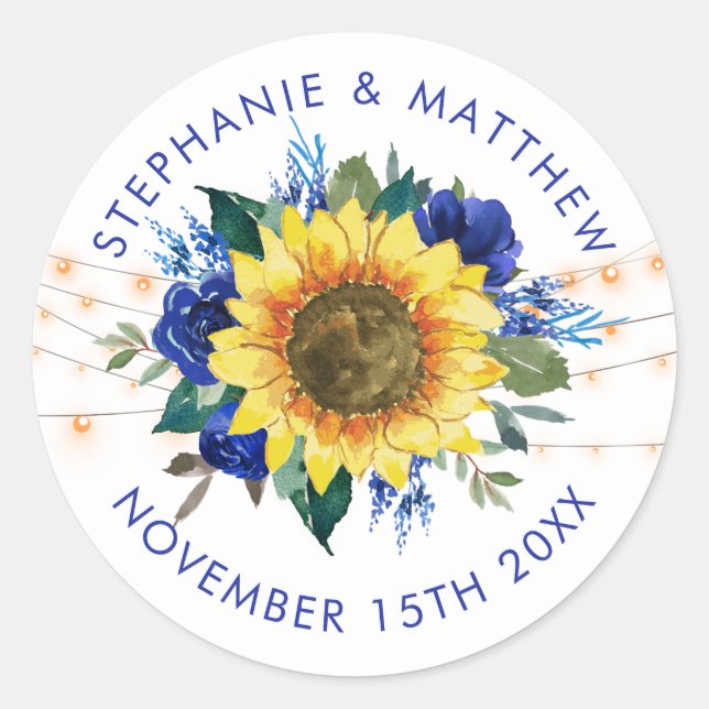 Sticker Rond Mariage Rustique Sunflower Blue Floral Lights Date (Devant)
