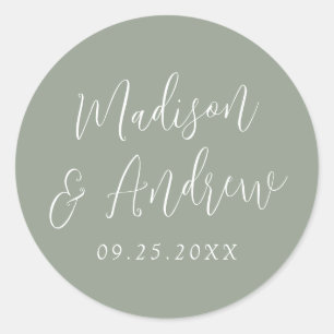 Sticker Rond Mariage Sage Green personnalisé de script simple