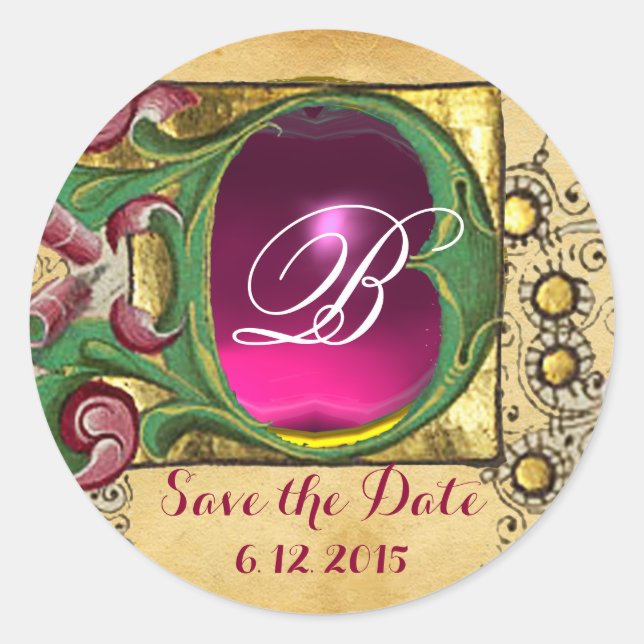 STICKER ROND MARIAGE SAUVER DATE FLORAL PARCHMENT GEM MONOGRAMM (Devant)