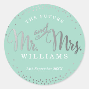 Sticker Rond MARIAGE SEAL style mini confetti menthe argent