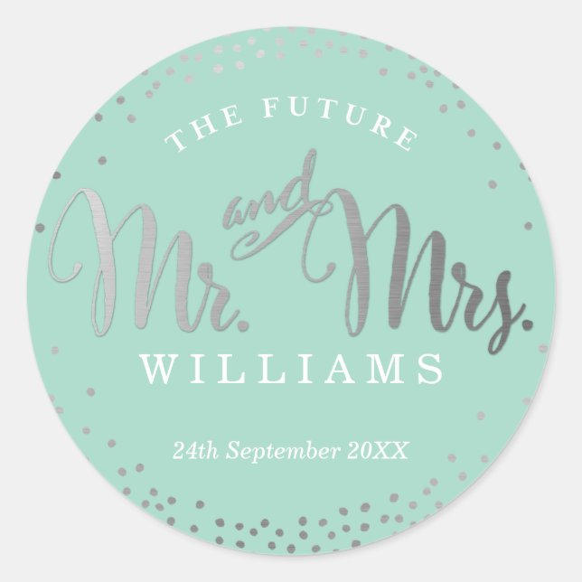 Sticker Rond MARIAGE SEAL style mini confetti menthe argent (Devant)