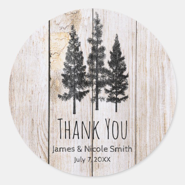 Sticker Rond Mariage Simple Campagne Bois de Pins Rustique (Devant)