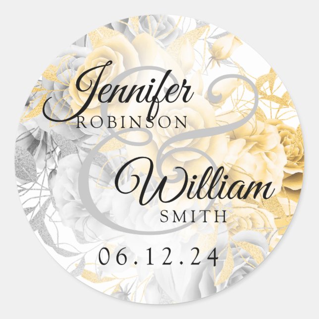 Sticker Rond Mariage Simple Or & Argent Élégant Floral (Devant)